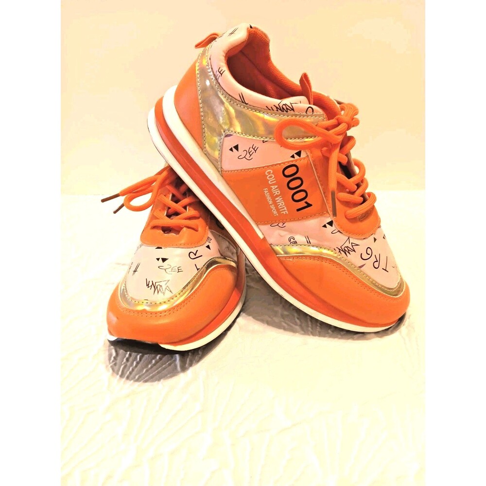 Women’s 8.5 Orange Pink Holographic Fashion Sneakers Chunky Lace Up Y2K